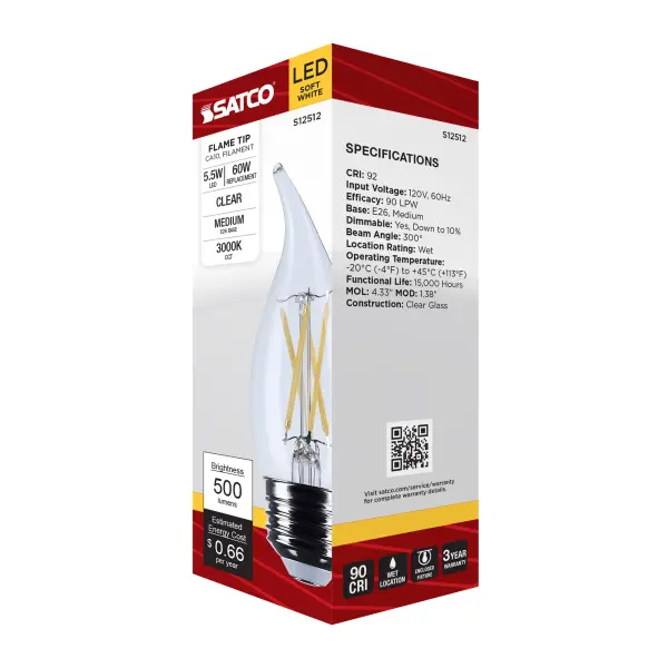 5.5 Watt CA10 LED - Medium Base - Clear - 3000K CCT - 120 Volt - Image 7