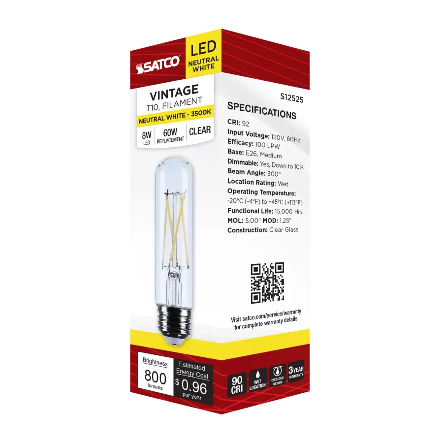 8 Watt T10 LED - Medium Base - Clear - 3500K CCT - 120 Volt - Image 7