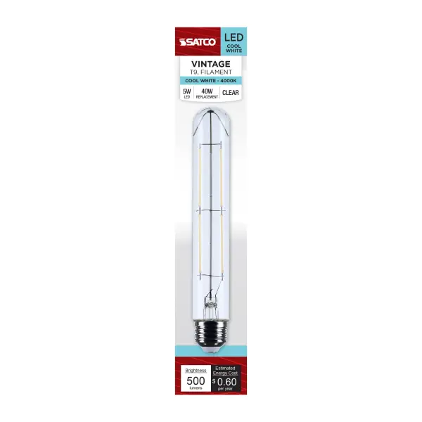 Satco's 5-watt, T9 LED lamp is traditional, yet contemporary with its vintage style and energy saving LED technology. Elegantly illuminate any room in the house with this dimmable, clear bulb. Sophisticated and modern, this lamp delivers 15,000 hours of cool white light. - alternate view