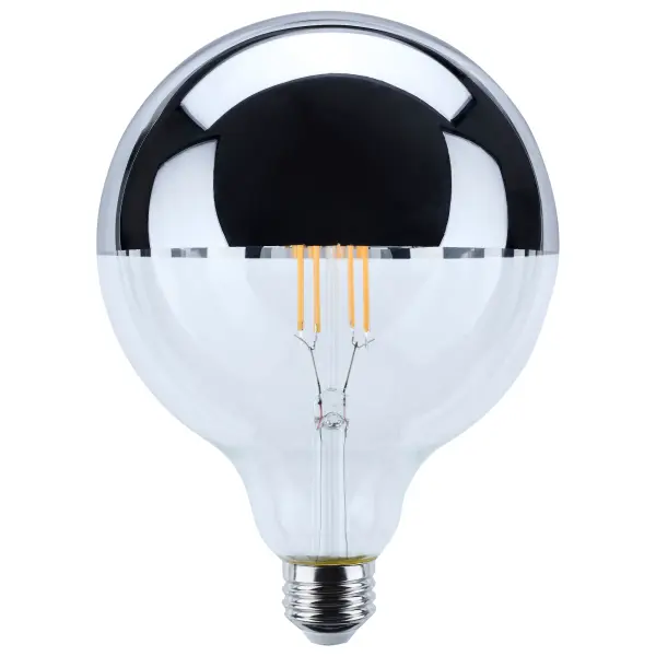 SATCO NUVO's Silver and Gold Crown LED lamps offer vintage-inspired elegance with modern performance. Available in A19, G25, and G40 shapes, these decorative bulbs feature a striking half-bowl silver or gold finish that redirects light back into the bulb, producing a soft, ambient glow while reducing harsh downward illumination. Perfect for restaurants, hotels, and stylish residential spaces, they create a warm and inviting atmosphere with a 2700K color temperature. The classic LED filament design mimics the charm of traditional incandescent bulbs while operating at lower wattages for greater energy efficiency. With dimmability down to 10% and a wet-location rating, these lamps bring both sophistication and versatility to decorative lighting applications.