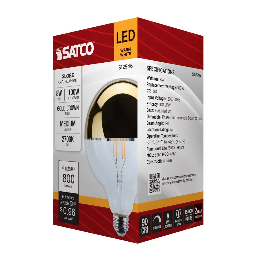 8 Watt G40 LED - Medium Base - 2700K CCT - Gold Crown - 100 Watt Replacement - Image 3