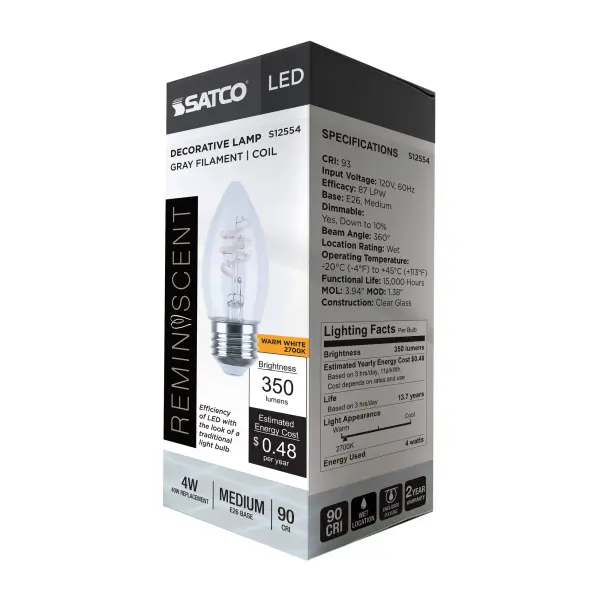 4 Watt B11 LED - Reminiscent - Flex Gray Coil Filament - E26 - 2700K - 120 Volt - Image 11