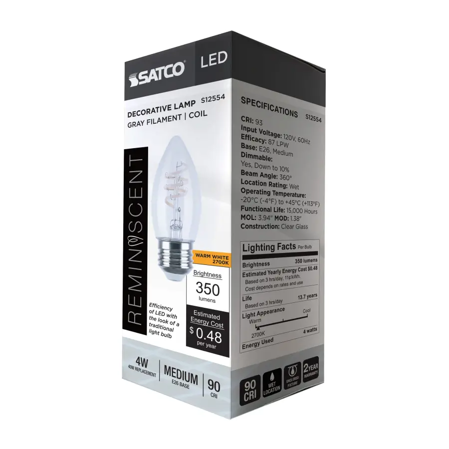 4 Watt B11 LED - Reminiscent - Flex Gray Coil Filament - E26 - 2700K - 120 Volt - Image 11