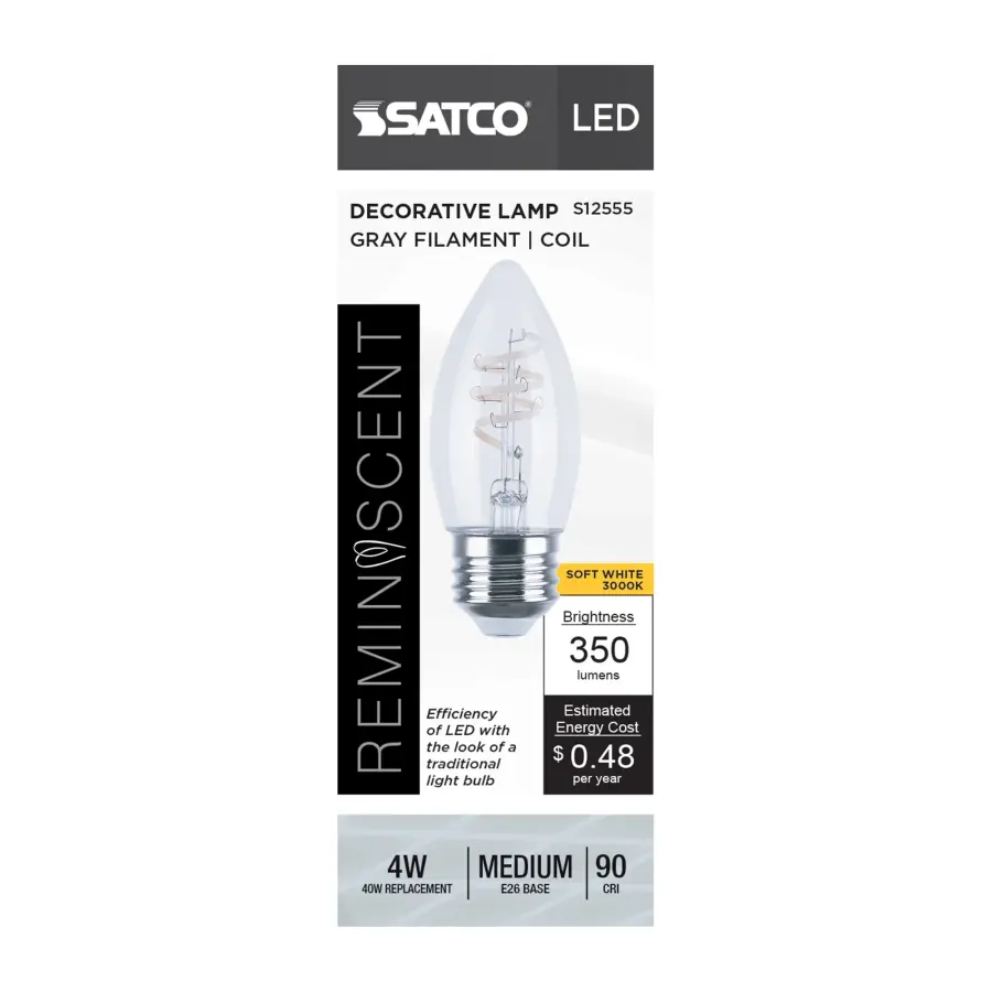 4 Watt B11 LED - Reminiscent - Flex Gray Coil Filament - E26 - 3000K - 120 Volt - Image 5