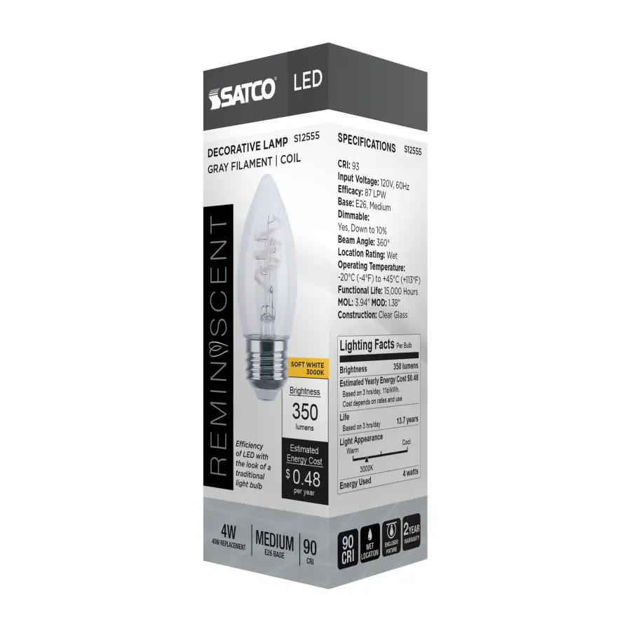 4 Watt B11 LED - Reminiscent - Flex Gray Coil Filament - E26 - 3000K - 120 Volt - Image 9