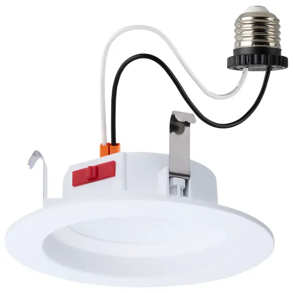 SATCO NUVO's Performer Series LED Retrofit Downlights offer easy installation with a refined design. Available in 4-inch and 5/6-inch models with round or square trims, they feature a smooth regress baffle to reduce glare and a convenient on-unit switch for selecting from 5 color temperatures. The included E26 adapter supports both remodel and new construction projects. Rated for wet locations and equipped with non-conductive dead-front trim, these downlights are ideal for use in showers and other damp environments. With a high CRI of 90, they deliver bright, energy-efficient lighting with accurate color rendering for any setting.