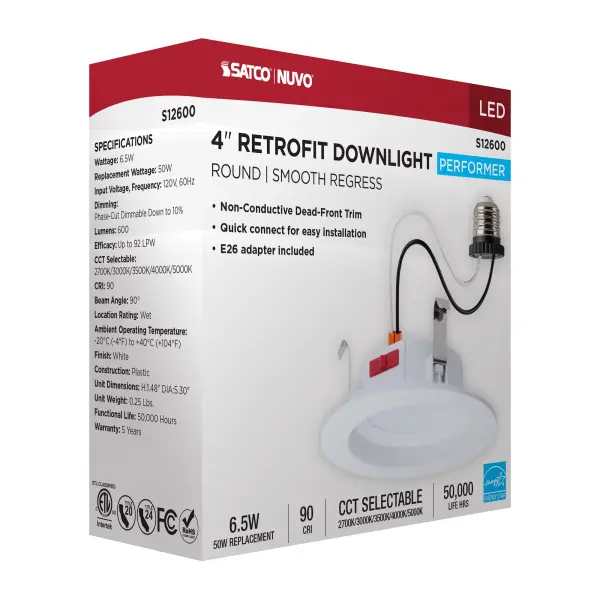 6 Watt LED Downlight Retrofit - 4 Inch - CCT Selectable - Round - White Finish - Image 13