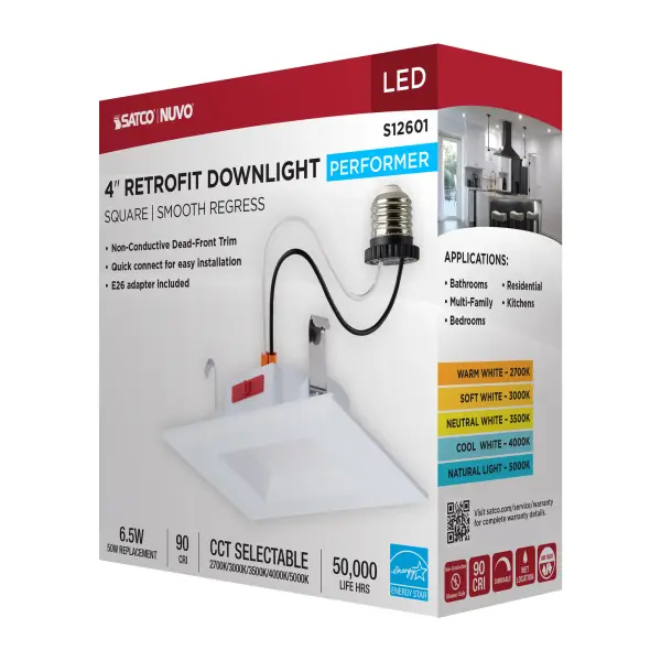 6 Watt LED Downlight Retrofit - 4 Inch - CCT Selectable - Square - White Finish - Image 12