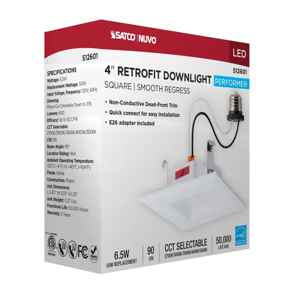 6 Watt LED Downlight Retrofit - 4 Inch - CCT Selectable - Square - White Finish - Image 13