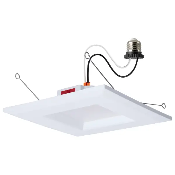 SATCO NUVO's Performer Series LED Retrofit Downlights offer easy installation with a refined design. Available in 4-inch and 5/6-inch models with round or square trims, they feature a smooth regress baffle to reduce glare and a convenient on-unit switch for selecting from 5 color temperatures. The included E26 adapter supports both remodel and new construction projects. Rated for wet locations and equipped with non-conductive dead-front trim, these downlights are ideal for use in showers and other damp environments. With a high CRI of 90, they deliver bright, energy-efficient lighting with accurate color rendering for any setting.