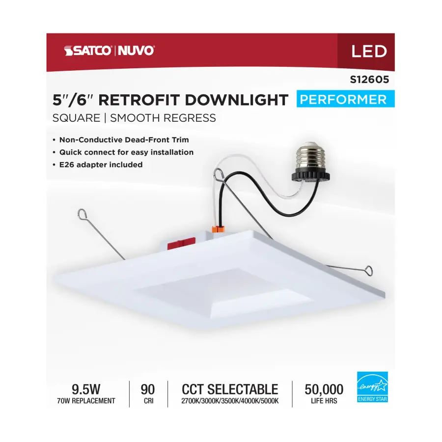 10 Watt LED Downlight Retrofit - 5-6 Inch - CCT Selectable - Square - White Finish - Image 8