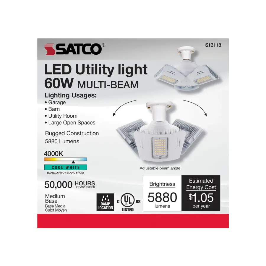60 Watt LED Utility Light 4000K - Medium base - Adjustable Beam Angle - 100-277 Volt - Image 6