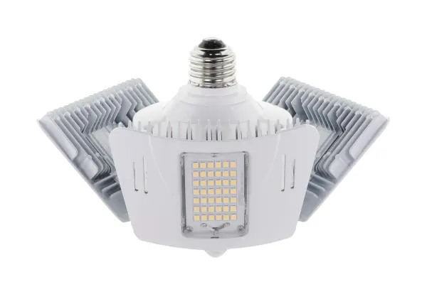 Satco's 60-watt LED utility light offers energy savings and superior light output. This multi-beam utility light is perfect for garages, barns, workshops, or any large open spaces where more illumination is needed. This clear, corncob shaped lamp comes with a motion sensor and delivers 50,000 hours of cool white light.