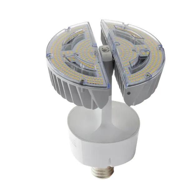SATCO NUVO's multi-angle rotating base LED lamp with a folding panel design replaces HID, CFL and incandescent lighting indoors and outdoors. Applications consist of: high bays, low bays, garages, gymnasiums and other high ceiling applications. Optional Hi-Pro Sensors are available to purchase to fit your needs.