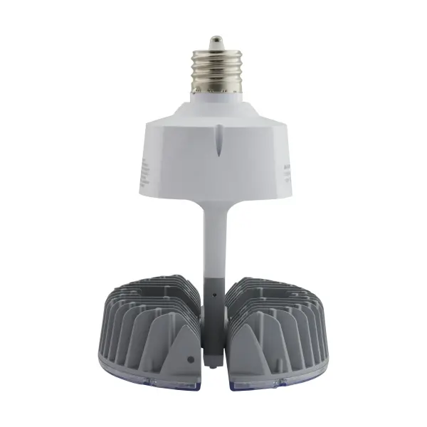 SATCO NUVO's multi-angle rotating base LED lamp with a folding panel design replaces HID, CFL and incandescent lighting indoors and outdoors. Applications consist of: high bays, low bays, garages, gymnasiums and other high ceiling applications. Optional Hi-Pro Sensors are available to purchase to fit your needs. - alternate view
