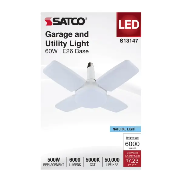 SATCO NUVO's LED Garage and Utility Lights easily provide ample illumination to garages, workshops, utility rooms and more. Simply screw into any standard lamp socket and adjust the LED panels as desired from 300 degrees (closed) to 100 degrees when fully open, to utilize the omni-directional light output. With an impressive functional lifespan of 50,000 hours and rated for use in damp locations, these lamps are engineered to provide long-lasting and reliable performance across a wide range of conditions and applications.