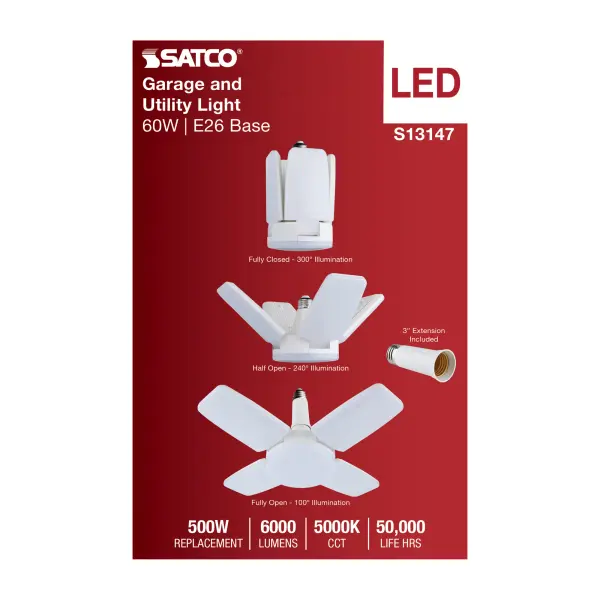 SATCO NUVO's LED Garage and Utility Lights easily provide ample illumination to garages, workshops, utility rooms and more. Simply screw into any standard lamp socket and adjust the LED panels as desired from 300 degrees (closed) to 100 degrees when fully open, to utilize the omni-directional light output. With an impressive functional lifespan of 50,000 hours and rated for use in damp locations, these lamps are engineered to provide long-lasting and reliable performance across a wide range of conditions and applications. - alternate view
