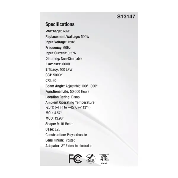 60 Watt LED Multi-Beam Utility/Garage Lamp - 5000K Natural Light - White Finish - 120 Volt - Image 3