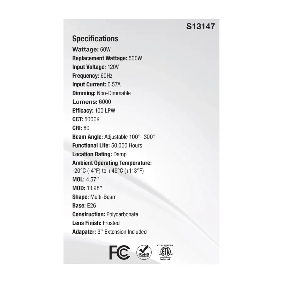 60 Watt LED Multi-Beam Utility/Garage Lamp - 5000K Natural Light - White Finish - 120 Volt - Image 3