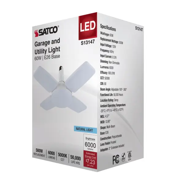 60 Watt LED Multi-Beam Utility/Garage Lamp - 5000K Natural Light - White Finish - 120 Volt - Image 5