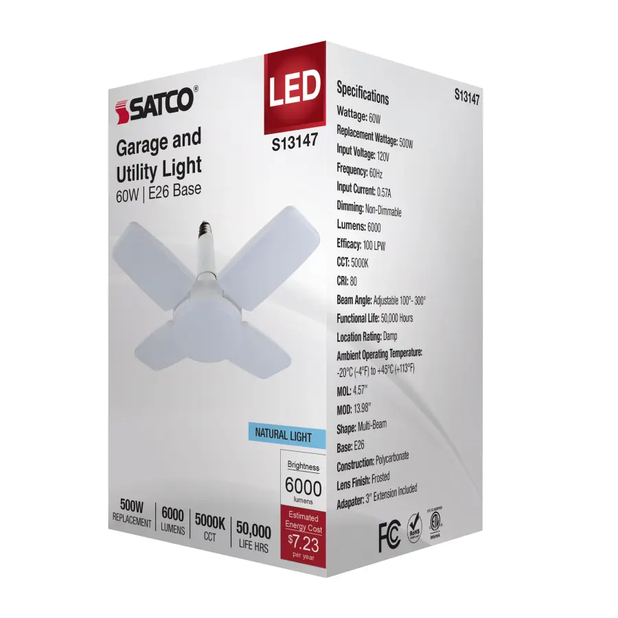 60 Watt LED Multi-Beam Utility/Garage Lamp - 5000K Natural Light - White Finish - 120 Volt - Image 5