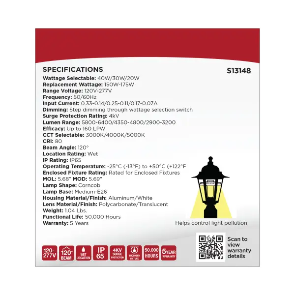 40/30/20 Watt LED HID Replacement - 3K/4K/5K CCT Selectable - Ballast Bypass - Medium Base - 120-277 Range Voltage - Image 13