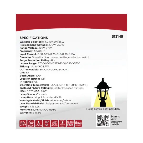 60/45/36 Watt LED HID Replacement - 3K/4K/5K CCT Selectable - Ballast Bypass - Extended Mogul Base - 120-277 Range Voltage - Image 13