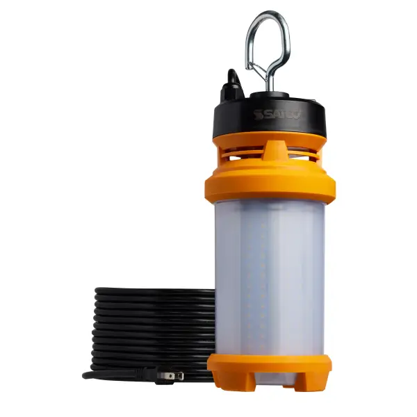 Satco's latest Hi-Pro temporary work lights take job-site lighting to the next level. These rugged yet lightweight lamps are perfect for indoor or outdoor use and built to take whatever the elements throw at them. They are power selectable for maximum flexibility, lighting the largest spaces with ease. Choose from 7200 lumens at the 60W setting, 9200 lumens at 80W and 11,000 lumens at the 100W setting. These work lights come complete with a 25 foot cord and large hook for hanging. This is efficient LED technology that will light most any project or event delivering high lumen lighting where it's needed.