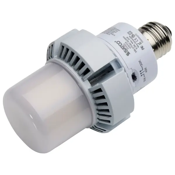 Satco's newest additions to the Hi-Pro, A-Plus LED family provides up to 85% in energy savings, and advanced features. CCT and wattage selectable capability means more versatility and custom-tailored light for specific applications. Designed to produce high-output light with over 300 degrees of illumination, these lamps are perfect for commercial bollard fixtures, post-top lighting and high ceiling applications, to name a few. A smaller jacket size and base up, down or horizontal use makes this our most versatile A-lamp to date. - alternate view