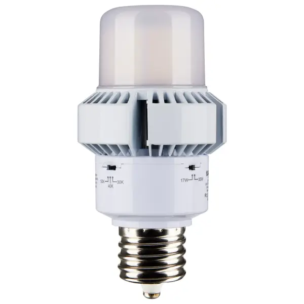 SATCO NUVO's newest additions to the Hi-Pro, A-Plus LED family provides up to 85% in energy savings, and advanced features. CCT and wattage selectable capability means more versatility and custom-tailored light for specific applications. Designed to produce high-output light with over 300 degrees of illumination, these lamps are perfect for commercial bollard fixtures, post-top lighting and high ceiling applications, to name a few. A smaller jacket size and base up, down or horizontal use makes this our most versatile A-lamp to date. - alternate view