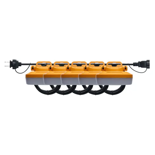 The ultimate solution for temporary lighting needs - LED Hi-Pro Temporary String Lights. Powered by an 18/2 SJTW cord, and featuring impact resistant low-profile lamps, these lights are durable enough to withstand even the harshest work environments. Whether it's construction, industrial, or temporary lighting needs, these string lights deliver exceptional performance every time. 50ft length strings with 5 lamps offer the ability to link multiple sets you can effortlessly customize the lighting coverage to fit your needs.