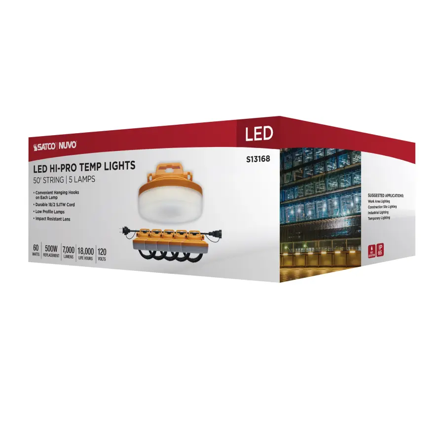 60 Watt LED High-Lumen Industrial/Commercial String Light - 5 Interconnected Lamps - 5000K - 50 Foot Integrated Cord - 120 Volt - Image 12