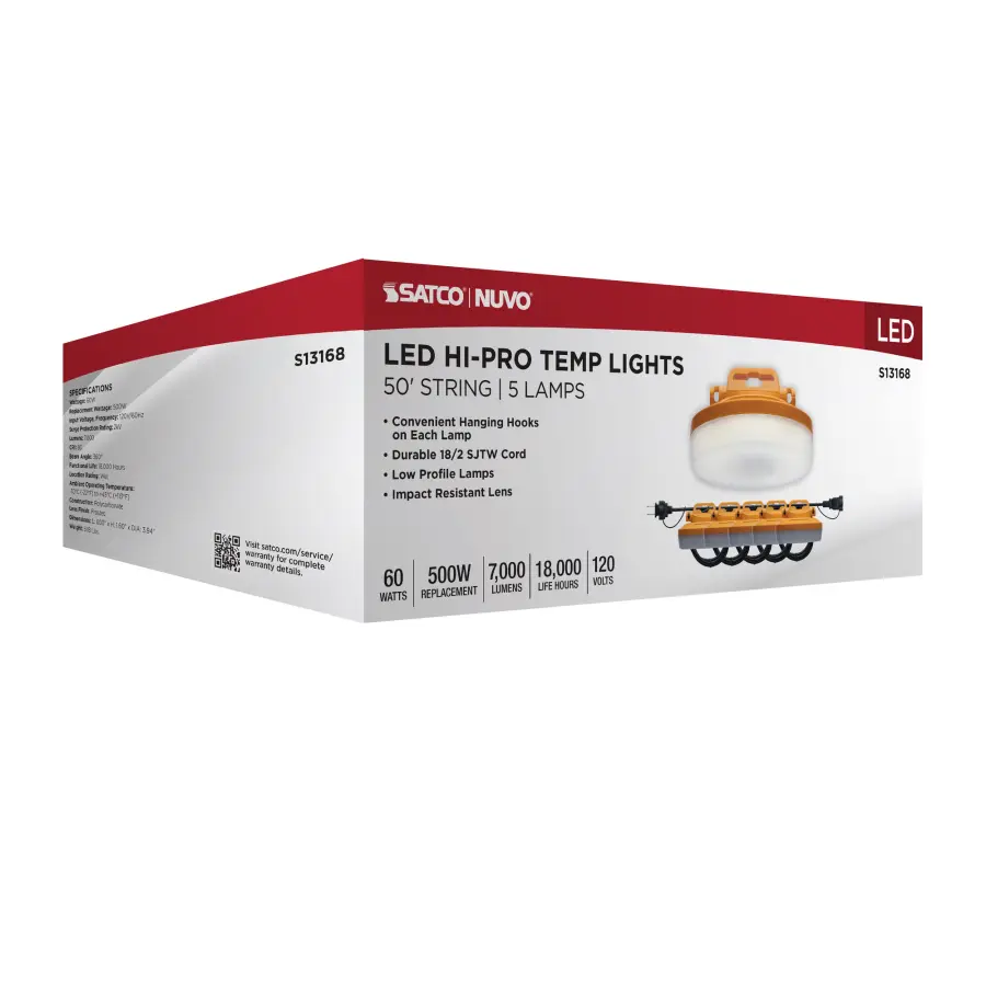 60 Watt LED High-Lumen Industrial/Commercial String Light - 5 Interconnected Lamps - 5000K - 50 Foot Integrated Cord - 120 Volt - Image 13