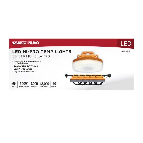 60 Watt LED High-Lumen Industrial/Commercial String Light - 5 Interconnected Lamps - 5000K - 50 Foot Integrated Cord - 120 Volt - Image 8