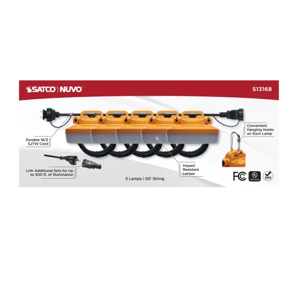 60 Watt LED High-Lumen Industrial/Commercial String Light - 5 Interconnected Lamps - 5000K - 50 Foot Integrated Cord - 120 Volt - Image 9