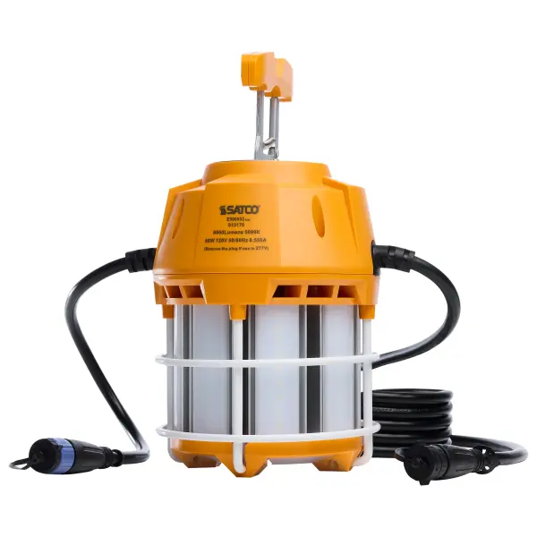 Elevate your job-site lighting with SATCO NUVO's PRO Series Temporary Work Lights. Designed to endure tough conditions, these durable yet lightweight lamps are perfect for both indoor and outdoor use. Choose from three models: 60W with 6,000 lumens, 100W with 10,000 lumens, or 150W with 15,000 lumens, to meet your specific lighting needs. Constructed for rapid heat dissipation, each lamp also features a 15-foot quick-connect power cord for easy setup. The spring-loaded folding handle allows for effortless installation and maneuverability. Delivering 360-degree illumination, these lamps include integrated 4kV surge protection and IP65 rated connectors, enabling multiple units to link together seamlessly to illuminate expansive workspaces.