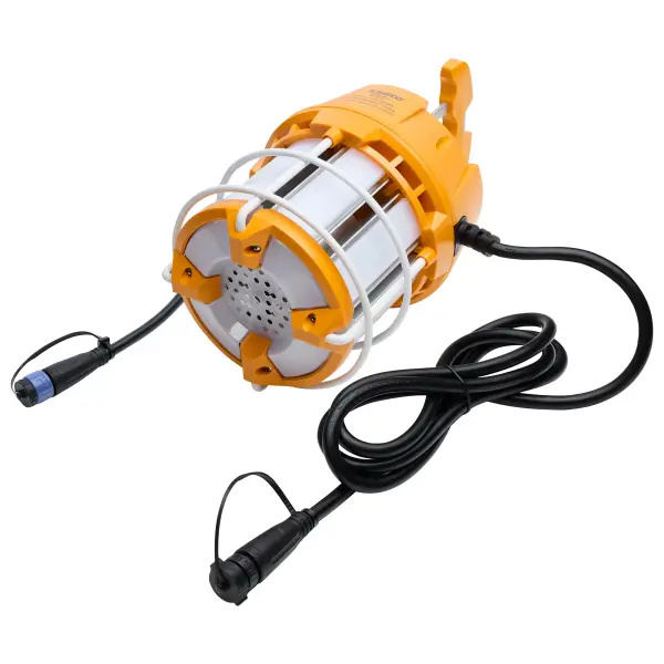 Elevate your job-site lighting with SATCO NUVO's PRO Series Temporary Work Lights. Designed to endure tough conditions, these durable yet lightweight lamps are perfect for both indoor and outdoor use. Choose from three models: 60W with 6,000 lumens, 100W with 10,000 lumens, or 150W with 15,000 lumens, to meet your specific lighting needs. Constructed for rapid heat dissipation, each lamp also features a 15-foot quick-connect power cord for easy setup. The spring-loaded folding handle allows for effortless installation and maneuverability. Delivering 360-degree illumination, these lamps include integrated 4kV surge protection and IP65 rated connectors, enabling multiple units to link together seamlessly to illuminate expansive workspaces. - alternate view