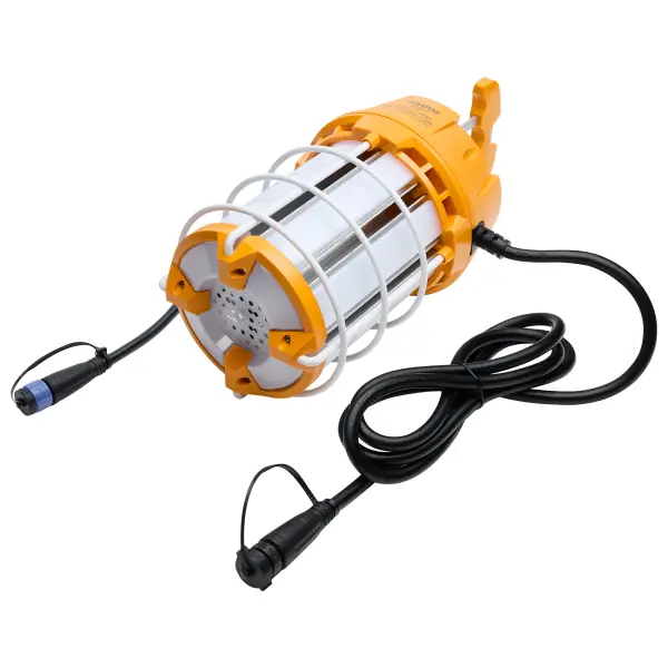 Elevate your job-site lighting with SATCO NUVO's PRO Series Temporary Work Lights. Designed to endure tough conditions, these durable yet lightweight lamps are perfect for both indoor and outdoor use. Choose from three models: 60W with 6,000 lumens, 100W with 10,000 lumens, or 150W with 15,000 lumens, to meet your specific lighting needs. Constructed for rapid heat dissipation, each lamp also features a 15-foot quick-connect power cord for easy setup. The spring-loaded folding handle allows for effortless installation and maneuverability. Delivering 360-degree illumination, these lamps include integrated 4kV surge protection and IP65 rated connectors, enabling multiple units to link together seamlessly to illuminate expansive workspaces. - alternate view