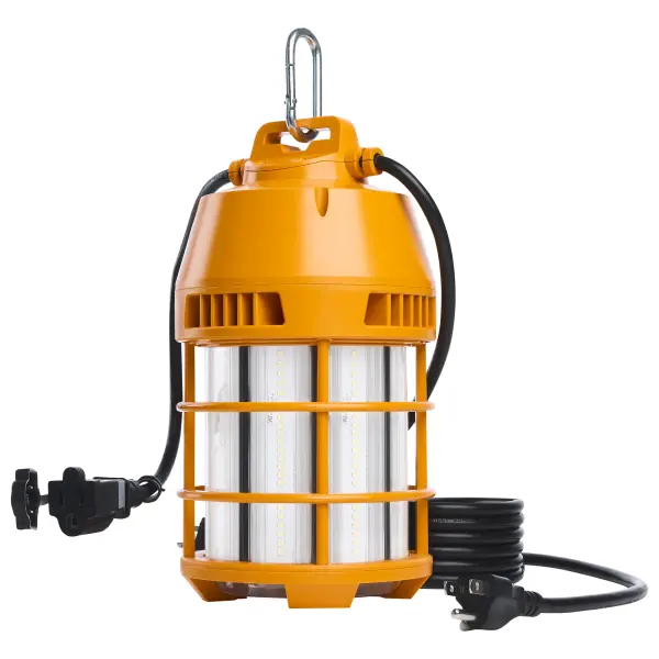 Transform your job-site lighting with SATCO NUVO's PERFORMER Series temporary work lights. Engineered to withstand tough conditions, these durable yet lightweight lamps are ideal for both indoor and outdoor use. Choose between two models: a 100W option with 12,000 lumens or a 150W option with 18,000 lumens, to suit your specific lighting needs. Constructed from high-quality plastic housing and aluminum heat sinks, these lamps ensure rapid heat dissipation. Featuring a 6-foot quick-connect power cord and a removable carabiner clip, installation and maneuverability are effortless. With 360-degree illumination, 2kV surge protection, and the capability to link multiple units seamlessly, these lamps are the perfect choice to provide comprehensive lighting coverage across your work areas.
