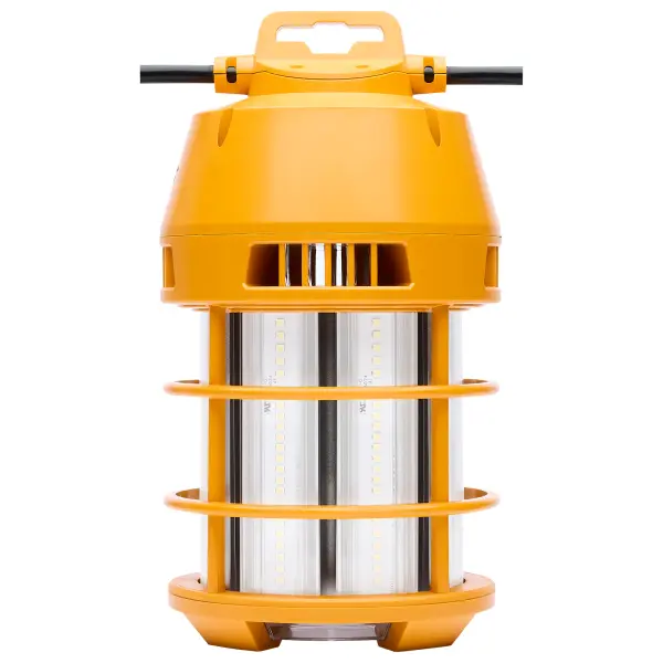 Transform your job-site lighting with SATCO NUVO's PERFORMER Series temporary work lights. Engineered to withstand tough conditions, these durable yet lightweight lamps are ideal for both indoor and outdoor use. Choose between two models: a 100W option with 12,000 lumens or a 150W option with 18,000 lumens, to suit your specific lighting needs. Constructed from high-quality plastic housing and aluminum heat sinks, these lamps ensure rapid heat dissipation. Featuring a 6-foot quick-connect power cord and a removable carabiner clip, installation and maneuverability are effortless. With 360-degree illumination, 2kV surge protection, and the capability to link multiple units seamlessly, these lamps are the perfect choice to provide comprehensive lighting coverage across your work areas. - alternate view