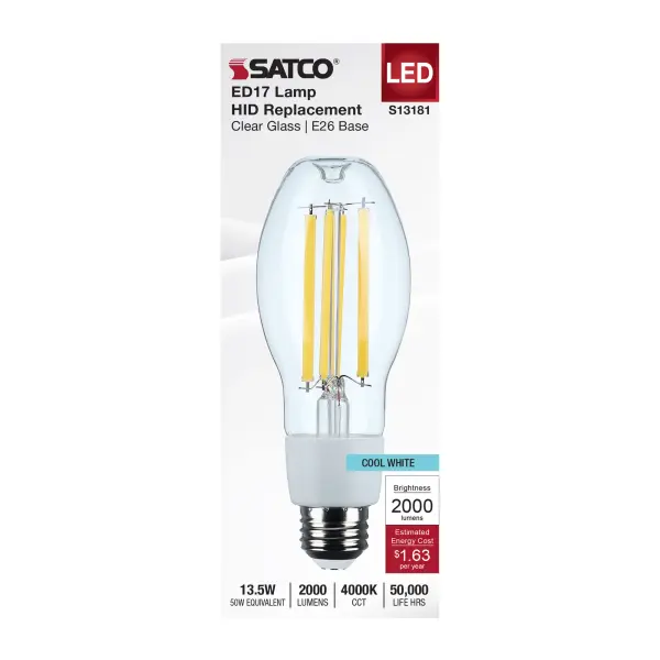 Easily upgrade dated HID lamps with energy saving LED bulbs. SATCO's long-lasting HID replacement lamps offer outstanding efficacy in applications where low-maintenance is the goal: streetlights, warehouses, retail, gymnasiums and more. With a variety of lamp shapes and bases available in clear filament or white finish, in color temperatures from warm white to natural light, these lamps will provide the quality light you need. - alternate view