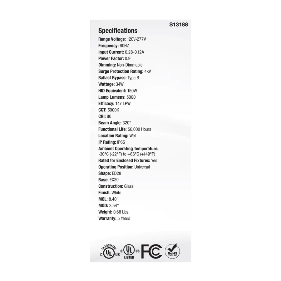 34 Watt LED HID Replacement - ED28 - 5000K - Extended Mogul Base - White - 120-277 Range Voltage - Image 5