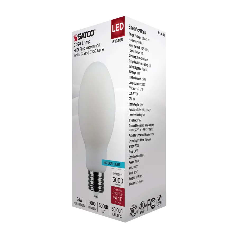 34 Watt LED HID Replacement - ED28 - 5000K - Extended Mogul Base - White - 120-277 Range Voltage - Image 7