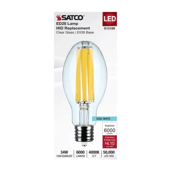 Easily upgrade dated HID lamps with energy saving LED bulbs. SATCO's long-lasting HID replacement lamps offer outstanding efficacy in applications where low-maintenance is the goal: streetlights, warehouses, retail, gymnasiums and more. With a variety of lamp shapes and bases available in clear filament or white finish, in color temperatures from warm white to natural light, these lamps will provide the quality light you need. - alternate view