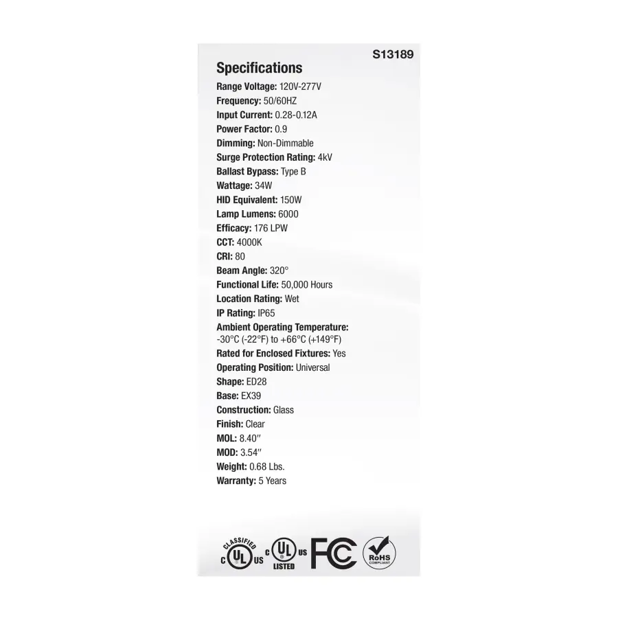 34 Watt LED HID Replacement - ED28 - 4000K - Extended Mogul Base - Clear - 120-277 Range Voltage - Image 4