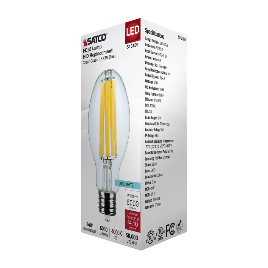 34 Watt LED HID Replacement - ED28 - 4000K - Extended Mogul Base - Clear - 120-277 Range Voltage - Image 6