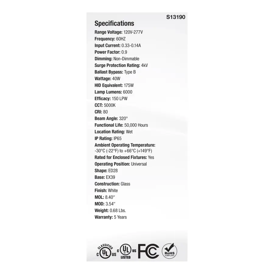 40 Watt LED HID Replacement - ED28 - 5000K - Extended Mogul Base - White - 120-277 Range Voltage - Image 6