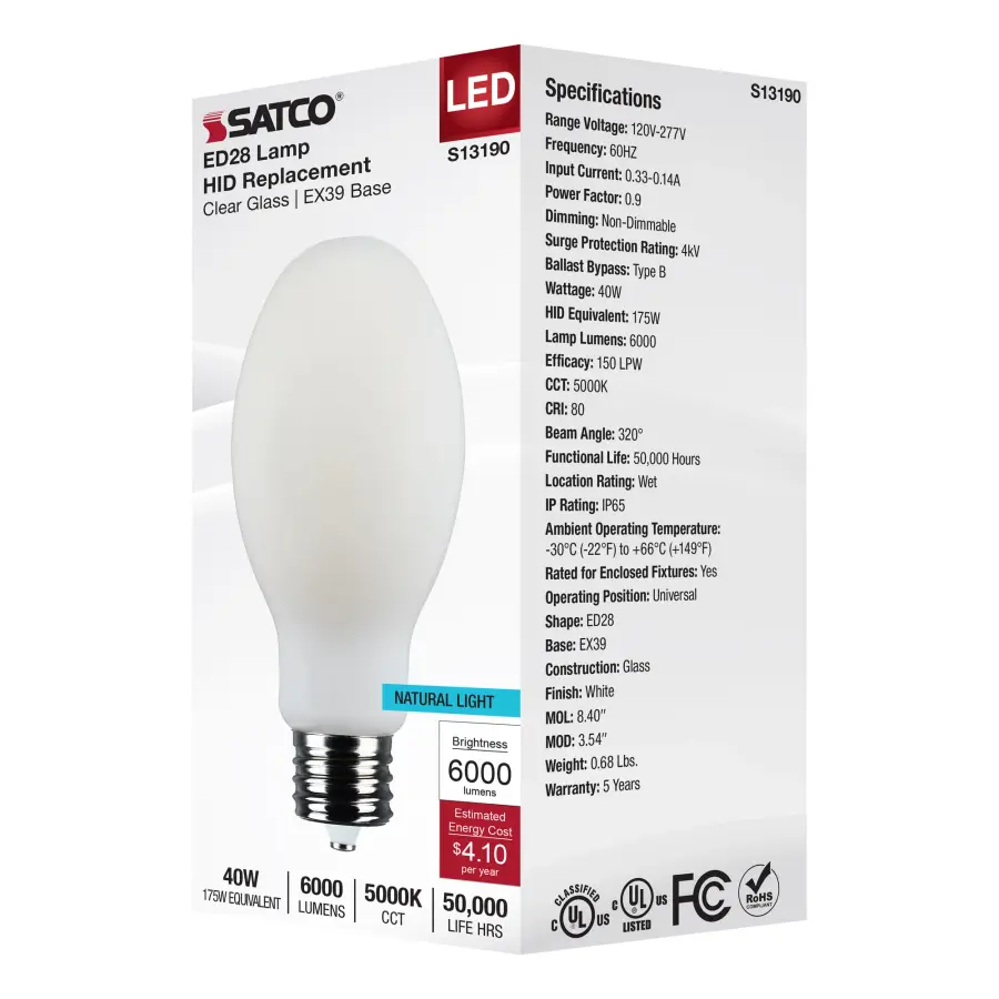 40 Watt LED HID Replacement - ED28 - 5000K - Extended Mogul Base - White - 120-277 Range Voltage - Image 7