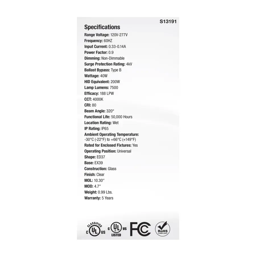 40 Watt LED HID Replacement - ED37 - 4000K - Extended Mogul Base - Clear - 120-277 Range Voltage - Image 5