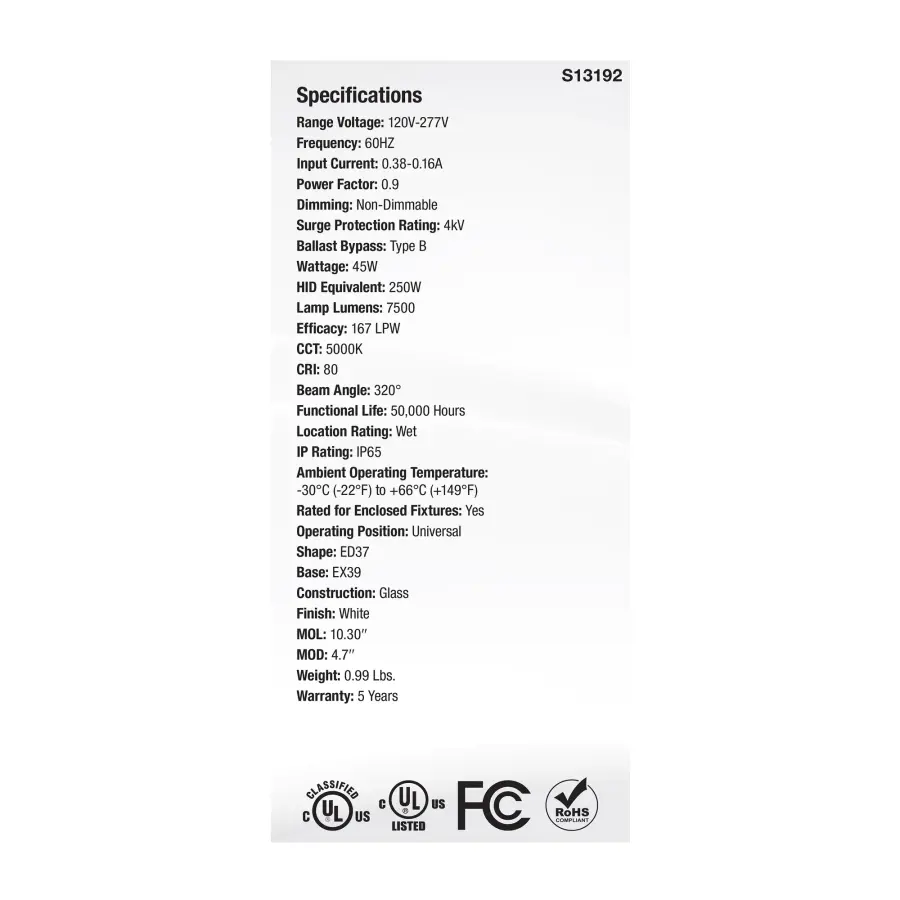 45 Watt LED HID Replacement - ED37 - 5000K - Extended Mogul Base - White - 120-277 Range Voltage - Image 5